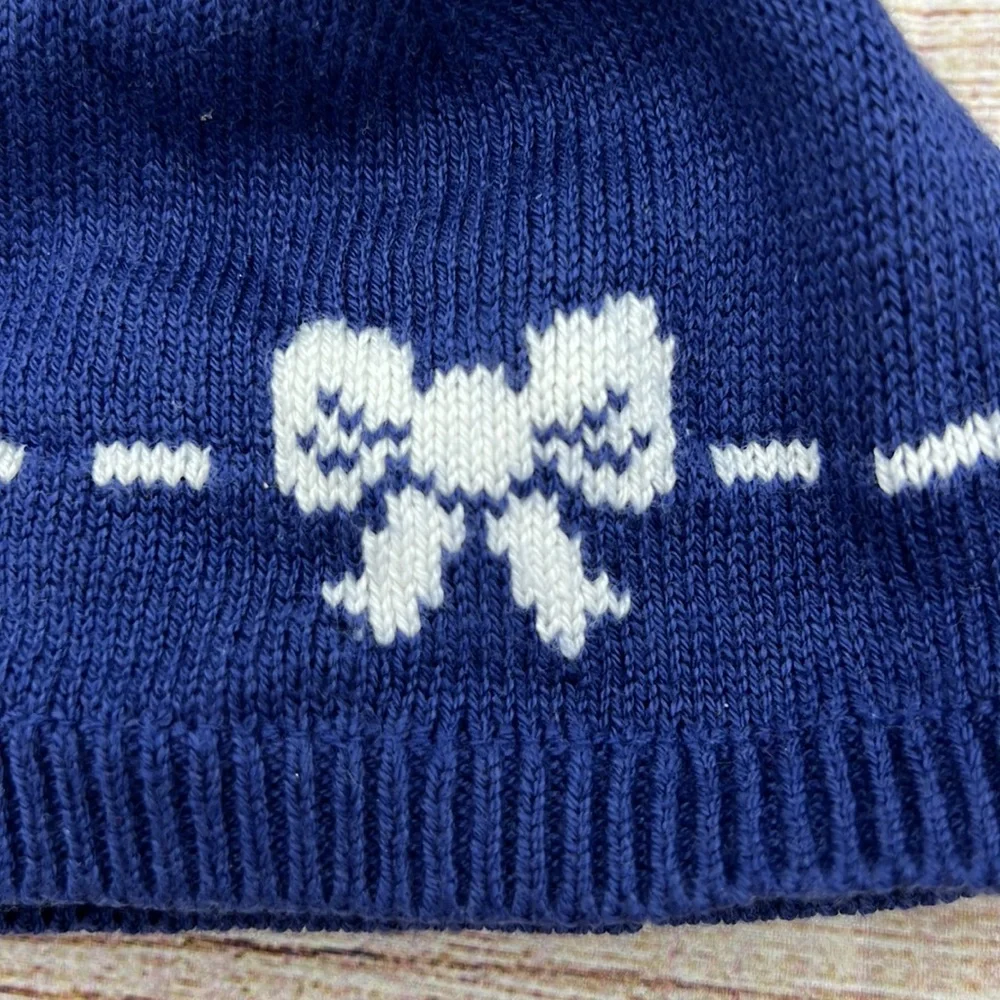 Janie and Jack Blue Knit Hat with White Bow Detail Sz 0-3 Months - Picture 4 of 5